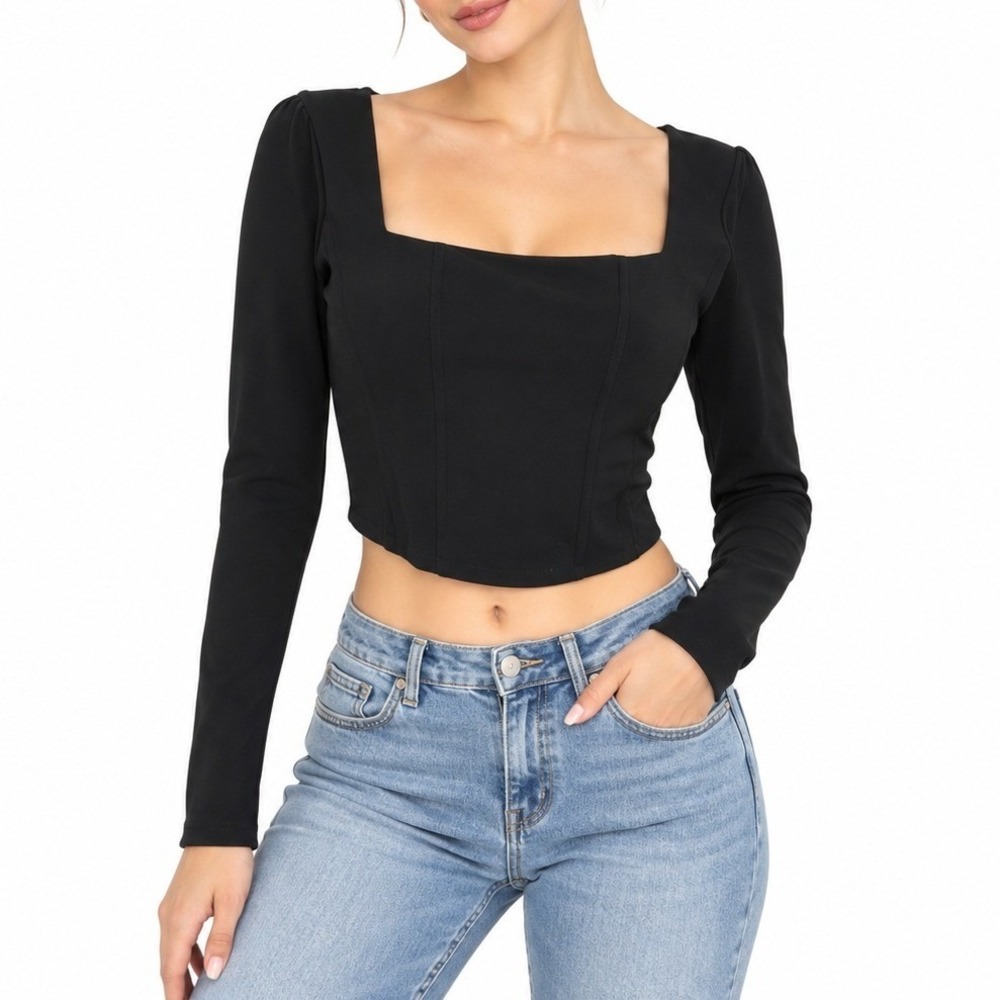Moa Moa Top Womens M Black Corset Square Neck Long Sleeve ITF416 Slim Crop Top